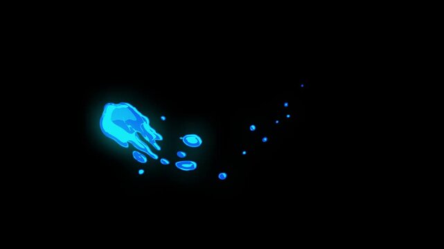 Cartoon energy FX explosion with water liquid sparks, 2D smoke shine blast, anime flash elements, and hand drawn shape effects prepared on black screen background.
