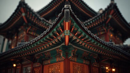 Fototapeta premium Traditional Asian architecture featuring ornate roof details and vibrant colors of a historic building with intricate carvings and decorative elements in an urban setting