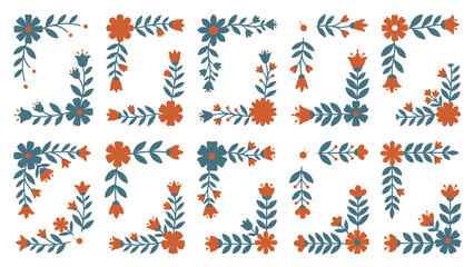 Fototapeta premium Set of colorful floral corner borders with blue and orange flowers and leaves in flat design style.