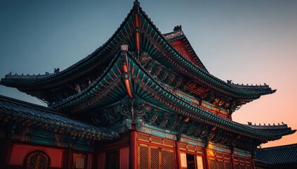 Obraz premium Traditional Asian architectural structure with ornate roof details and vibrant colors, illuminated by sunset, showcasing intricate design elements and historical significance