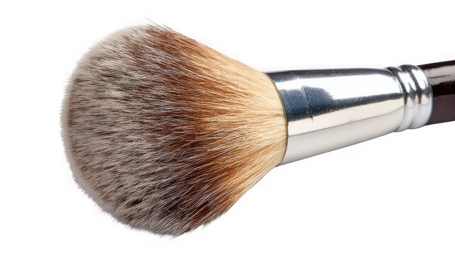 Makeup brush with soft brown bristles sits isolated against a clean white background for beauty tutorials.