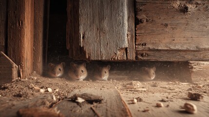 Fototapeta premium A group of small rodents peeking out from under a wooden structure in a dusty environment