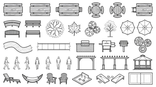 Urban Park and Landscape Line Collection with Benches Trees and Outdoor Furniture