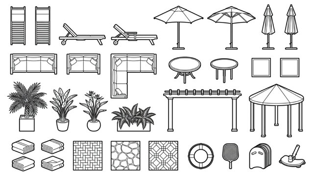 Garden Furniture and Pavilion Line Collection with Pergola Plants and Outdoor Elements