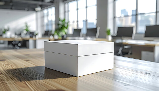 Blank white cardboard box on a wooden table in a modern office, ready for product customization and branding