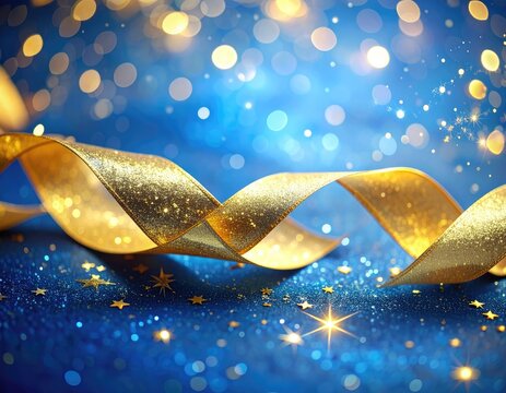 A shimmering gold ribbon twists across a sparkling blue background adorned with bokeh lights and stars.
