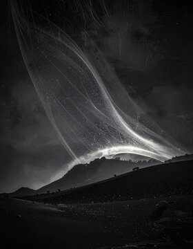 Ethereal spiderwebs shimmer with dew drops against a dramatic, dark sky above rolling hills.