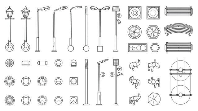 Street Lighting and Urban Infrastructure Symbol Set for Architectural Landscape Planning Layouts