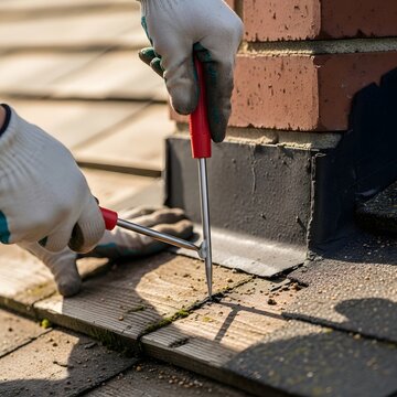 Worker repairing roof flashing around chimney with tool wearing gloves.