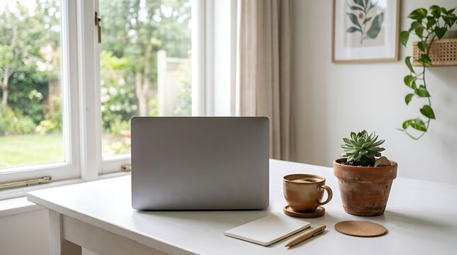 Modern home office setup with laptop, coffee cup and succulent on white desk near garden window