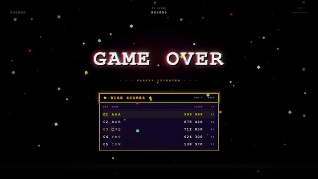 Retro pixel art arcade video game over and high score screen