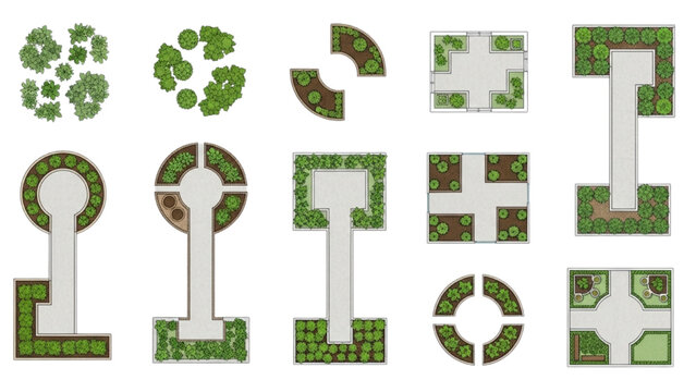 Geometric Courtyard Garden Layout Collection with Formal Landscape Architecture Top Views