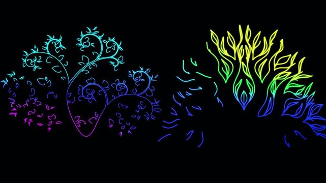 Neon tree growth animation featuring luminous multicolored lines appearing on black background with glowing spiritual tree of life aesthetic and vibrant transition for digital screens.