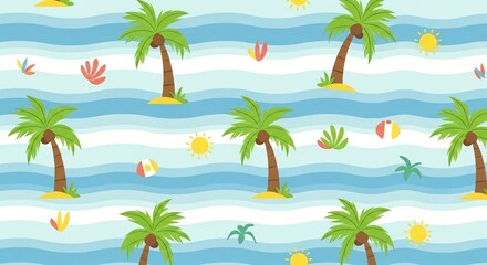 Fototapeta premium Tropical beach seamless pattern with palm trees sun and waves cute cartoon style