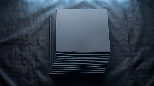 Stack of blank black square books mockup on dark textured fabric background top view