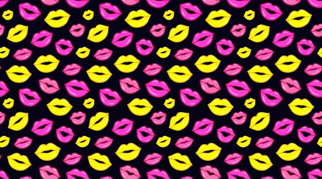 Vibrant seamless pattern of playful pink and yellow lips kissing and pouting on black background