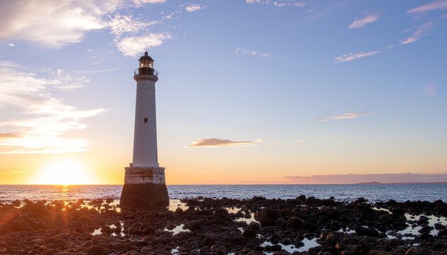 A scenic coastal landscape featuring a tall lighthouse building standing on a rocky beach shore during a dramatic colorful sunset sky over the ocean.