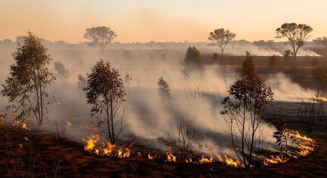 Wildfire burning through a dry field with trees at sunset, creating a smoky and hazy atmosphere.