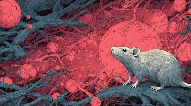 A gray mouse stands on a branch in a vibrant red and blue abstract background with round shapes and lines