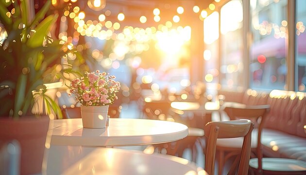 A cozy cafe interior bathed in warm, golden sunlight with bokeh lights and a small bouquet of flowers on a table.