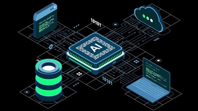 Isometric artificial intelligence chip animation. Artificial Intelligence server. Futuristic microchip processor. Isometric cloud computing.