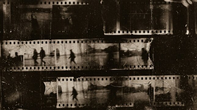 Vintage film strip with blurred silhouettes of people walking abstract textured background