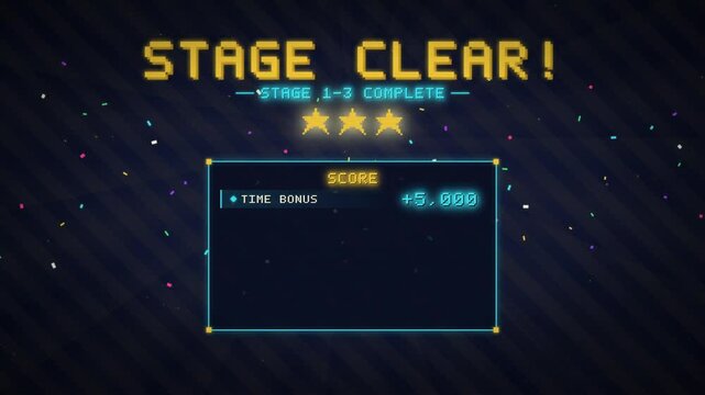 Retro pixel art video game stage clear and score summary screen