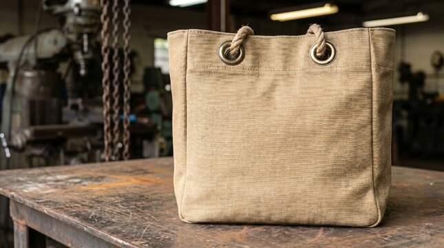 Rustic Canvas Tote Bag with Rope Handles on Industrial Workshop Workbench