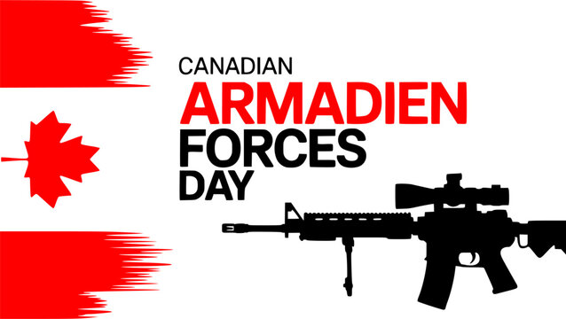 Canadian Armed Forces Day bold poster design with assault rifle, red and white Canadian flag brush strokes, and strong military typography, perfect for national defence celebrations and patriotic 