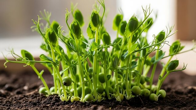 Close-up of young pea sprouts growing in dark soil.