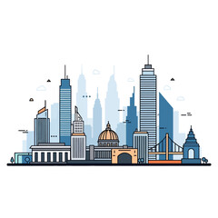Obraz premium A colorful illustration of a cityscape with various buildings and a bridge in the skyline