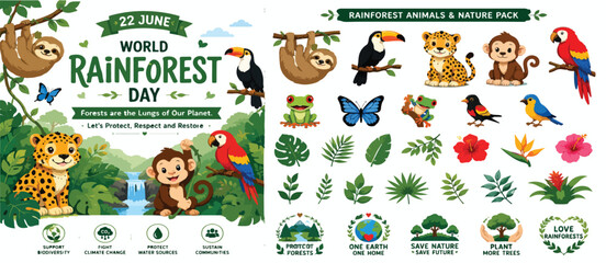 Fototapeta premium World Rainforest Day vector collection, tropical rainforest animals and nature pack, cute jungle wildlife illustrations for environmental awareness