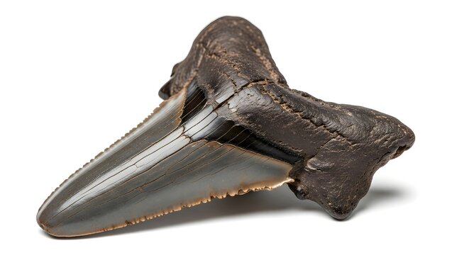 Fossilized Megalodon Shark Tooth Isolated on White Background.