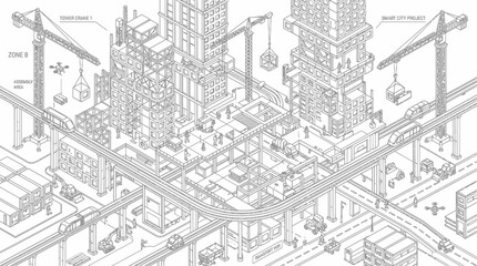 Fototapeta premium Workers construct a cityscape with cranes and buildings in progress downtown.