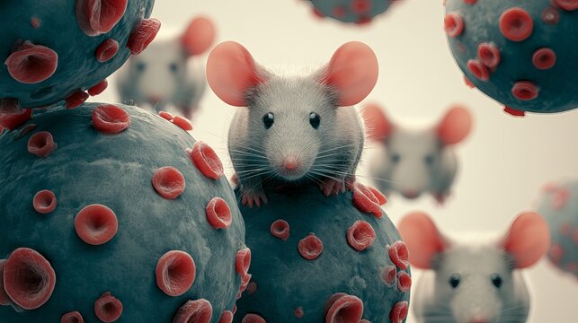 A computer-generated image of a mouse surrounded by virus particles in a scientific illustration