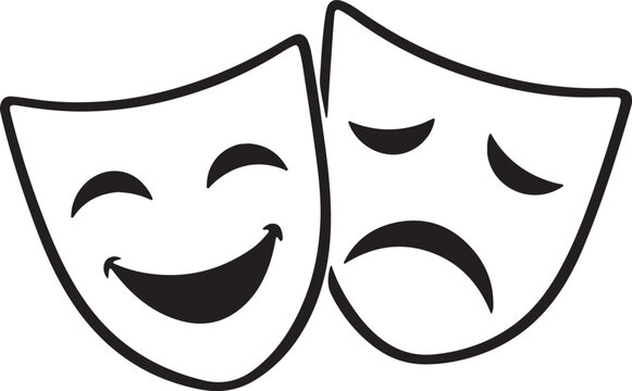 Minimalist line art theater masks vector design featuring comedy and tragedy symbols isolated background.