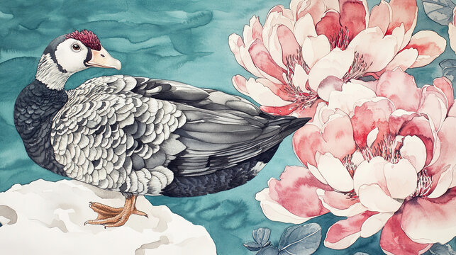 Watercolor muscovy duck black white gray feathers on white shape lower left facing left solid teal background three large pink flowers lower left upper right middle right two small petals