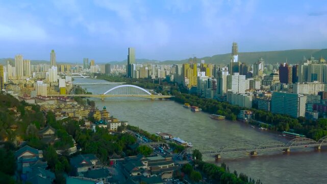 Lanzhou China Skyline Along the Yellow River with Bridges