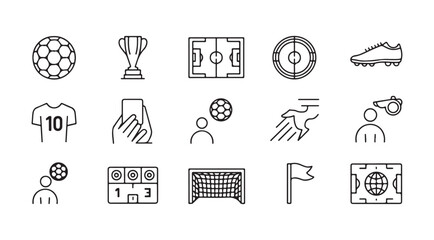 Soccer football icons set isolated on white background. championship sports equipment outline collection. © Masudur
