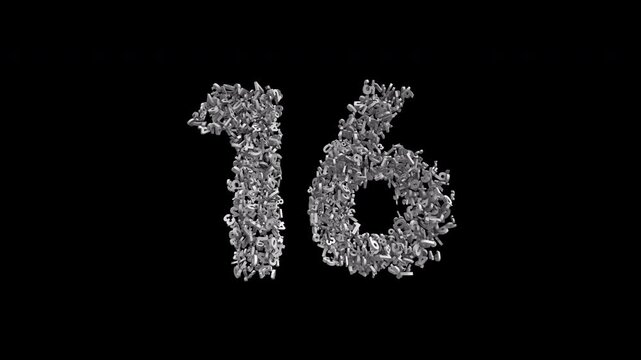 Number 16 Formed by Small Digits Animation with Alpha Channel. Typographic Number Formation Effect. Digital Number Made of Numbers. 3D Font Typographic Animation. Transparent BG