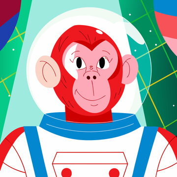 Flat vector icon of a cool space monkey wearing a bubble helmet, retro 80s pop art style.