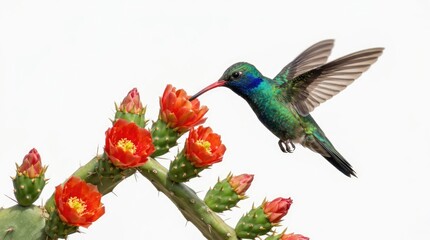Fototapeta premium Iridescent Hummingbird Feeding From Blooming Cactus Flowers on White Background