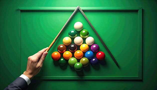 A hand readies cue to break a rack of colorful pool balls on a green table