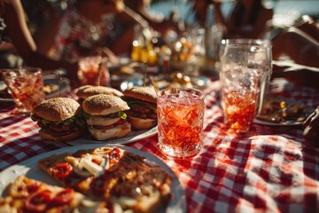 Fototapeta premium Assorted burgers and drinks on a red checkered tablecloth at a summer outdoor gathering with blurred people enjoying food and drinks in the background