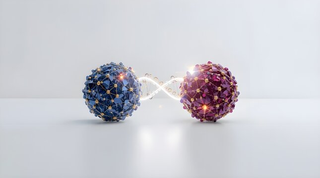 Conceptual photograph of quantum data entanglement with two glowing crystal spheres connected by helix light thread on white background, future tech concept, generative AI