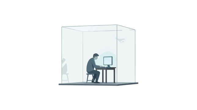 Man Working Alone in a Minimalist Dystopian Workspace Inside a Transparent Cube Representing Isolation and Psychological Stress