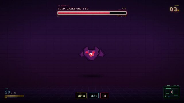Retro pixel art arcade video game final boss battle screen