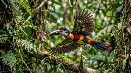Fototapeta premium Colorful Toucan Flying Through Lush Tropical Rainforest Foliage