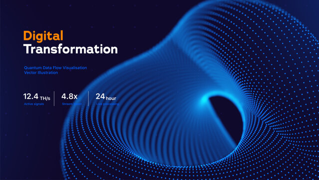 AI Technology Background With Abstract Blue Particle Spiral And Dynamic Cyber Wave. Digital Transformation Torus. Big Data Visualization And Network Shapes Vector Illustration.