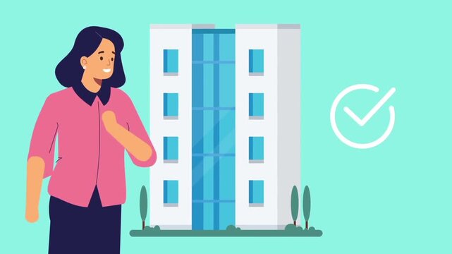 Woman Standing Near Modern Building with Approval Check Mark Animated Business Success and Property Verification Concept Illustration
